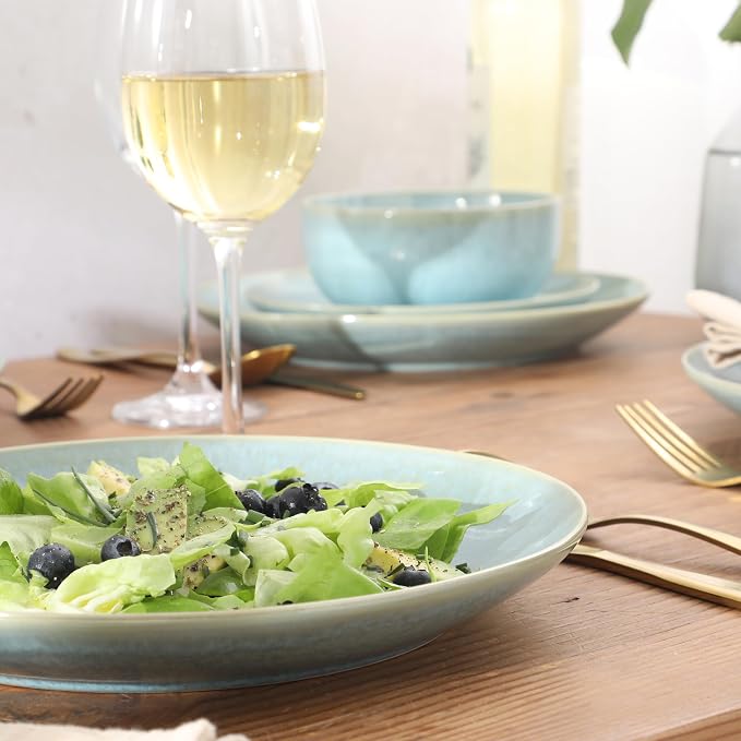 Gibson Elite Pine Coast Plates and Bowls Sets, 12-Piece Stoneware Dinnerware Sets, Reactive Glaze Dish Set - Blue