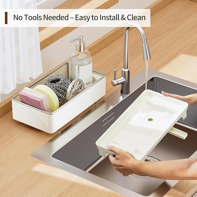 MOUKABAL Rotating Drain Sponge Holder for Kitchen Sink Off-white | Rustproof Stainless Steel/Large Capacity/Keeps Counter Dry/Removable Tray/Soap Bottle Holder