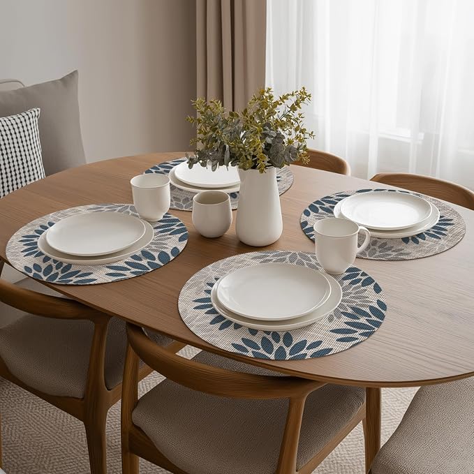 Artoid Mode Navy Dahlia Plastic Round Placemats Set of 4, 14 Inch Seasonal Wipeable Woven Vinyl Table Mats for Farmhouse Party Kitchen Dining Decor