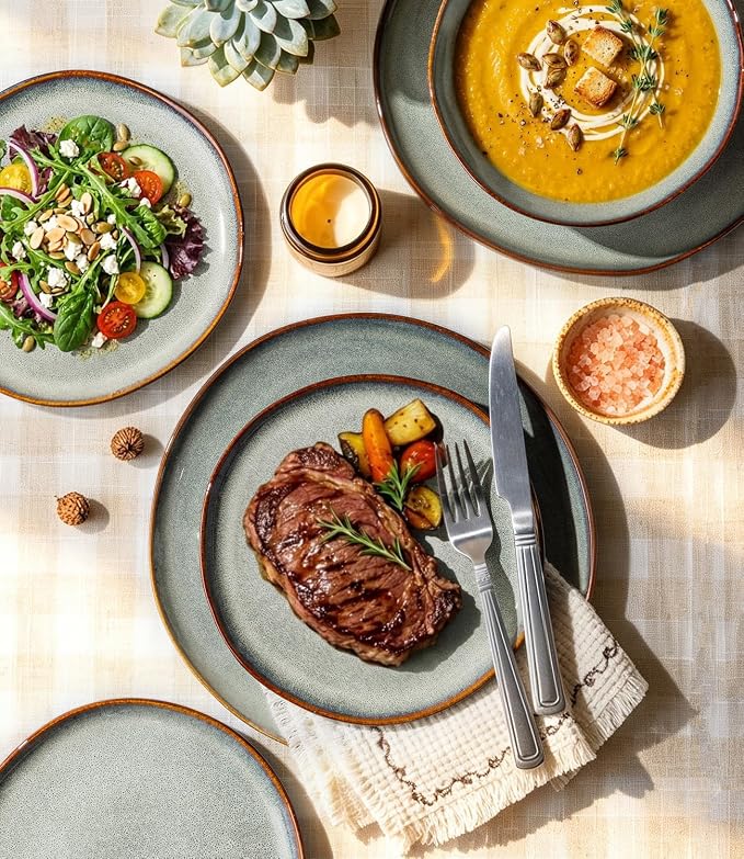 GBHOME Stoneware Dinnerware Sets for 8,24 Piece Rustic Plates and Bowls Set | Earthenware Handmade Reactive Glaze Plate Sets, Chip Resistant Ceramic Dishes, Microwave & Dishwasher Safe, Earthy Sage