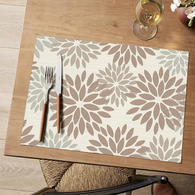 Artoid Mode Floral Vinyl Placemats Set of 6, 12x18 Inch Washable Non-Slip Plastic Vinyl Place Mats for Party Kitchen Dining Decor, Brown