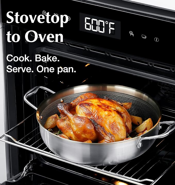 KOCH SYSTEME CS Triply Stainless Steel Saute Pan 12 Inch, Nonstick Hybrid Stainless Steel Saute Pan with Lid, 6 Quart Deep Frying Pan with Honeycomb Interior, 18/10 Steel Pans, Induction Compatible