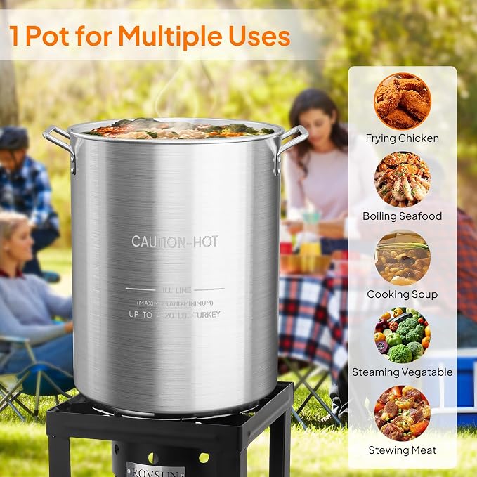 Bonnlo 30QT Aluminum Stock Pot for Boiling Seafood, Crawfish & Crab, Frying Turkey & Steaming Tamales, Large Boil Pot with Strainer Basket, Lid, Lifting Hook & Steamer Rack for Outdoor Cooking