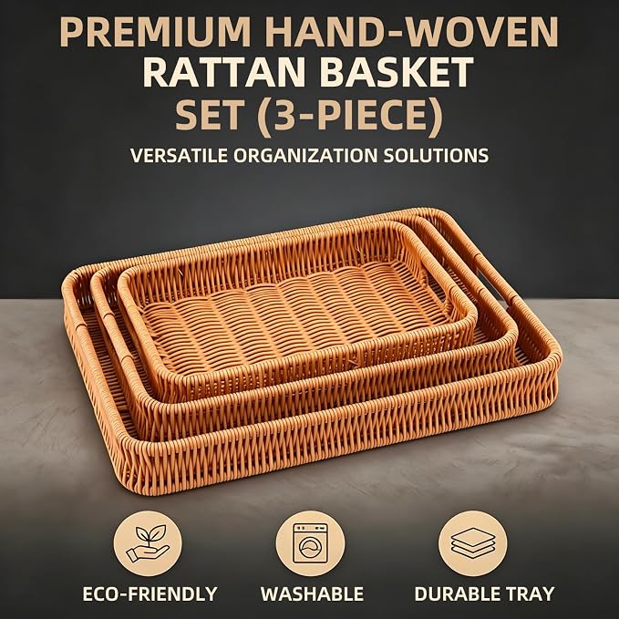 3PCS Hand-Woven 16“ Rattan Rectangular Serving Tray with Handles – Wicker Tray for Coffee Table Decor, Breakfast Basket, Drinks, Fruit, Snacks Organizer, Ottoman & Kitchen Counter Outdoor
