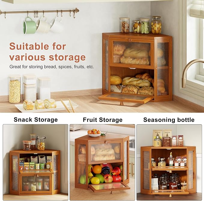 WOWLIVE Double Layer Corner Bread Box for Kitchen Countertop with 2 Doors | Bamboo Bread Storage Container, Large Farmhouse Breadbox with Acrylic Wavy Door, Under Cabinet Organizer, Caramel, Medium