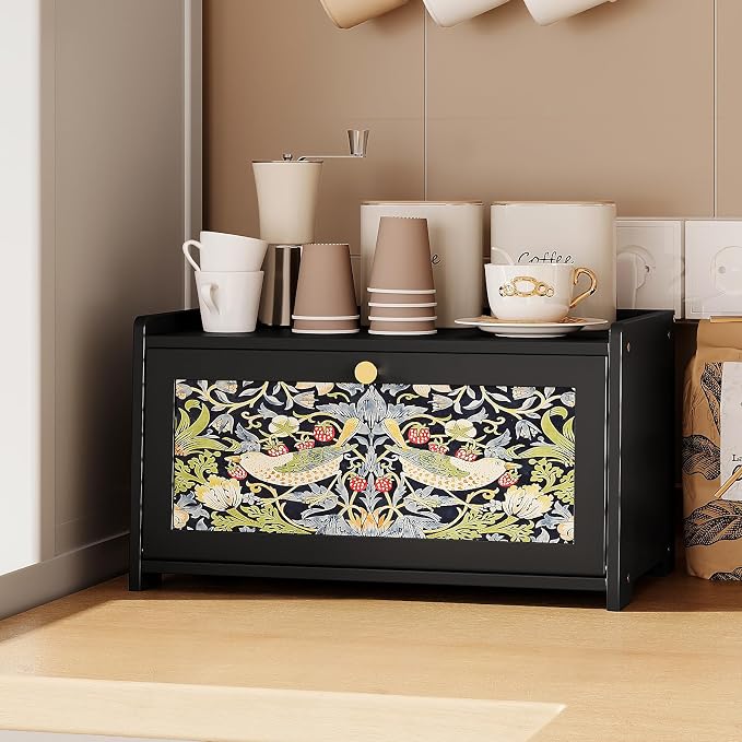 Trironsun Bread Box for Kitchen Counter Black Bread Storage Container with Acrylic Door William Morris Flower Bird Design Farmhouse Breadbox Organizer (Black)
