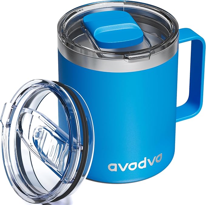 12oz Insulated Coffee Mug with Lid – Includes Two Lids, Stainless Steel Coffee Travel Mug with Handle, Double Wall Vacuum Insulated Camping Mug for Home, Office & Outdoor, Sapphire Blue