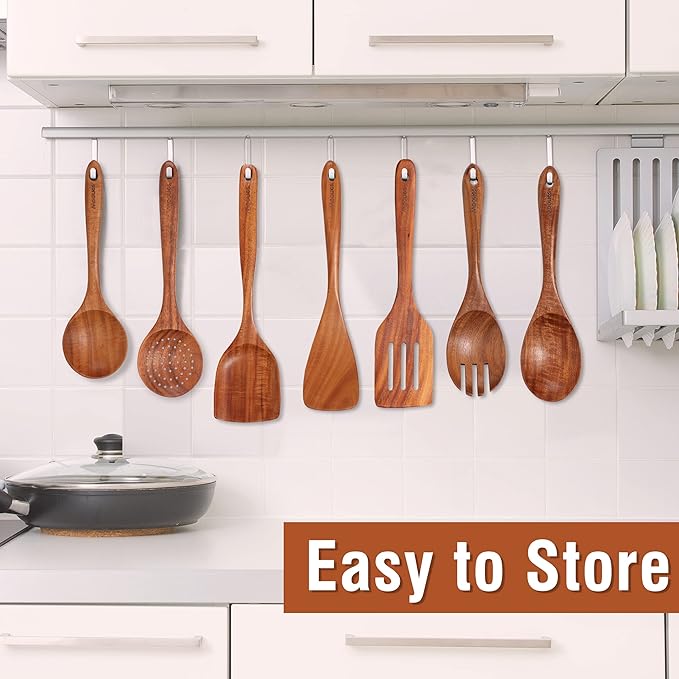 Mooues Wooden Kitchen Utensil Set, 15 Piece Natural Teak with Spoon Rest | Wooden Cooking Utensils with Comfort Grip, Smooth Durable Heat Resistant Cooking Spoons and Utensils Holder for Cooking