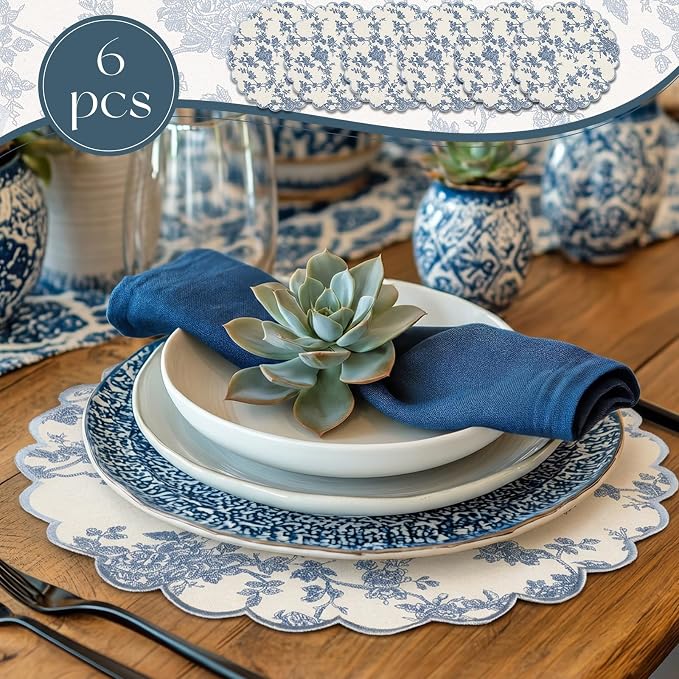 Set of 6 Blue Cotton Placemats 15" Round Scalloped Navy Blue | Double Layered Cotton Fabric, Washable Embroidery, Navy Blue Edge Edge, Rustic Table Mats for Wedding Dining Table Decor
