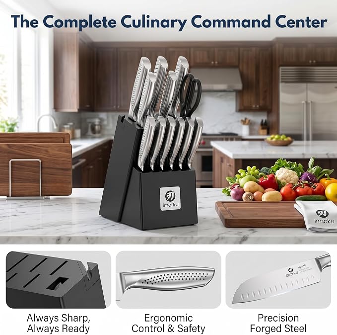 imarku 15PCS Kitchen Knife Set with Block,High Carbon Stainless Steel,Black | Built-in Sharpener,Dishwasher Safe,Ergonomic Non-Slip Handle,Space-Saving Knife Block,Ideal for Daily Cooking & Gifts