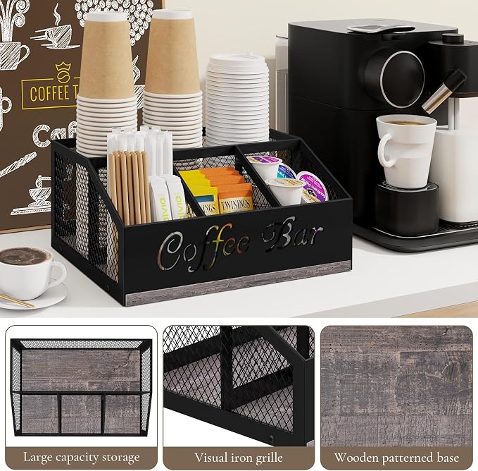 Coffee Bar Organizer for Countertop, Wood Coffee Station Organizer | Coffee Cup and Supplies Holders with Metal Mesh Baskest, Stirrer Sugar Creamer Caddy, Coffee Bar Accessories and Organizer