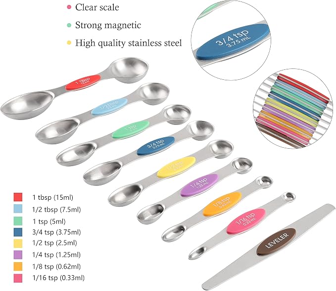 Measuring Cups and Spoons Set of 17 Double Sided Magnetic Measuring Spoons | Stainless Steel Stackable Measuring Cups Magnetic Measuring Spoons Set with 1 Leveler for Dry and Liquid Ingredients