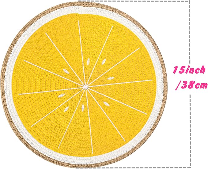 Zupro Round Lemon Yellow Placemats Set of 4 Braided 15" Indoor/Outdoor Use | Embroidery Motif Heat Resistant Non-Slip Washable,for Kitchen Dining Tables Dinner Parties holiday and Everyday Use