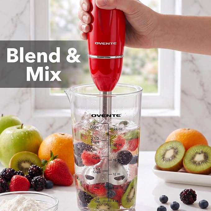 OVENTE Electric Hand Blender Set with 2 Mixing Speeds, 300W Red HS565R | Corded Immersion Handheld Stick Mixer with Stainless Steel Blades, Egg Whisk, Beaker & BPA-Free Food Chopper