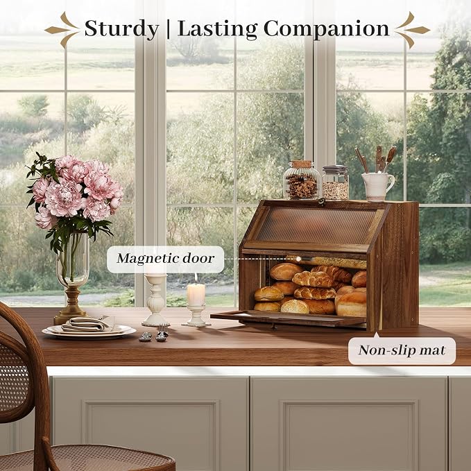 Kitsanery Bread Box for Kitchen Countertop, Acacia Wood Bread Storage Container, 2 Layer Large bread holder, Pantry Organizers, Corner Vintage Decor