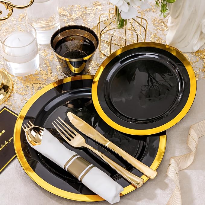 YOUBET 350PCS Black and Gold Plastic Plates for Party Wedding | Black Disposable Dinnerware Sets for 50 Guests - 100 Plastic Plates, 150 Gold Silverware, 50 Cups, 50 Pre Rolled Napkins