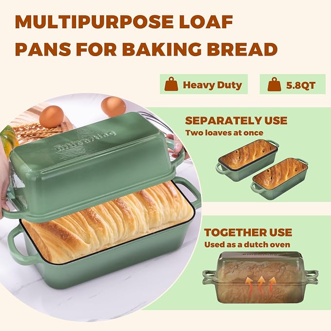 Cast Iron Loaf Pan with Lid, 11x5 Inch 5.8 Qt Sourdough Pan | Dutch Oven Bread Pan with lid, Large Cast Iron Loaf Pan for Sourdough Bread, 11x5", 2-in-1 Design, Crispy Crust, Pistachio
