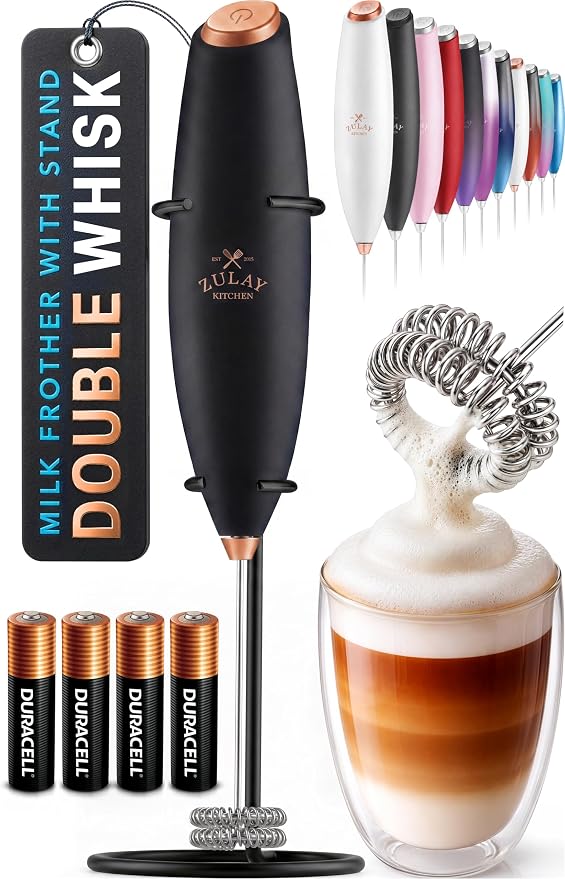 Zulay Kitchen Powerful Milk Frother Wand With Duracell Batteries - Ultra Fast Handheld Drink Mixer - Electric Whisk Foam Maker for Coffee, Lattes, Cappuccino & Matcha - Double Whisk - Black Copper