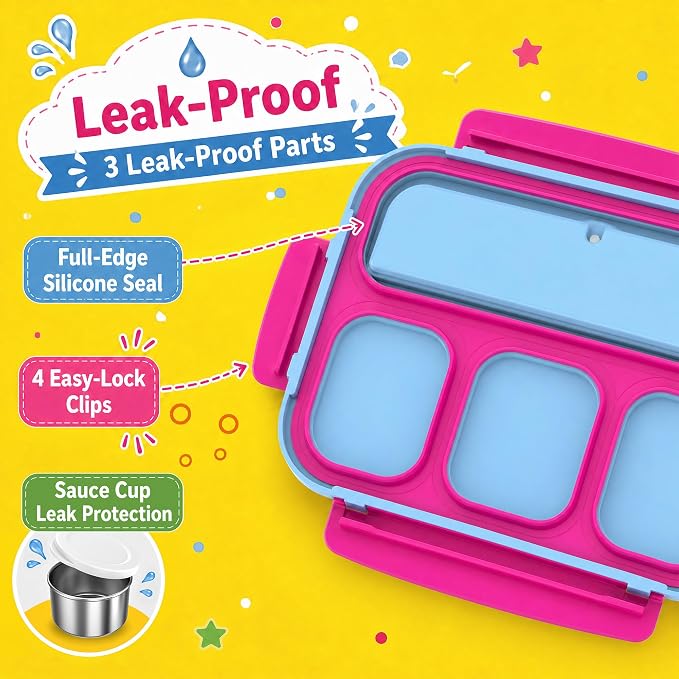 Stainless Steel Bento Lunch Box for Kids Adult, Metal Lunch Box Containers for Boys Girls School, 4 Compartment Leak Proof Lunch Containers with Sauce Cup, Fork and Spoon & Fruit Picks, Pink blue