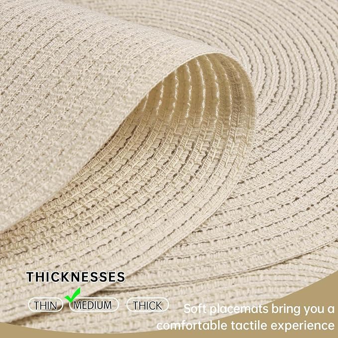 Placemats Set of 6, Woven Oval Braided Dining Table Mats(Cream White) | 12 x 17.5 Inch Size Fits Plates and Flatware; Hand Washable and Heat Resistant for Kitchen Use, with Farmhouse and Boho Style