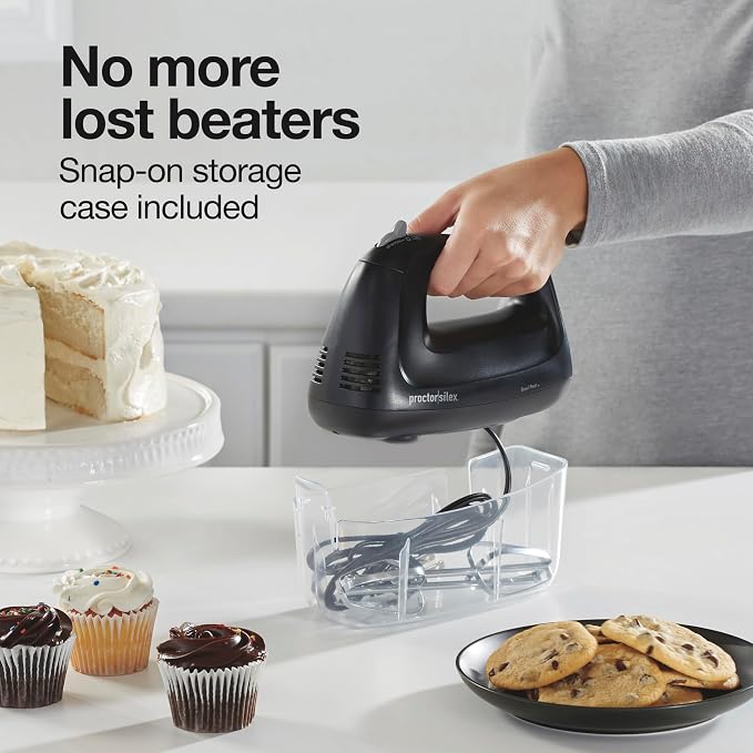 Proctor Silex Easy Mix 5-Speed Electric Hand Mixer with Bowl Rest | Compact and Lightweight | 215 Watts of Peak Power | Snap-On Storage Case | Black | 62512