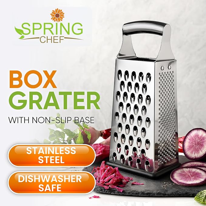 Spring Chef Stainless Steel Cheese Grater, Large Box Grater for Kitchen | 4 Sided Handheld Vegetable Shredder, Kitchen Food Grater for Cheese, Potato, Carrot, Ginger, Veggie, Dishwasher Safe