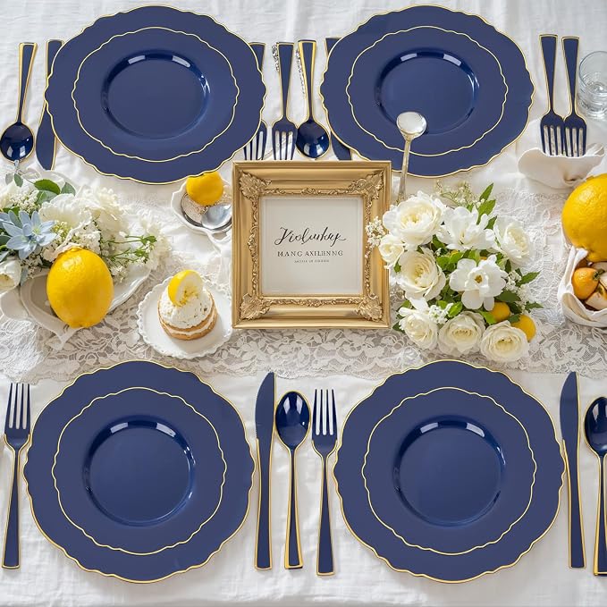 180PCS Blue Plastic Silverware -Blue and Gold Plastic Cutlery 60 Forks, 60 Knives, 60 Spoons - Heavy Duty Disposable Silverware for Party/Wedding/Birthday