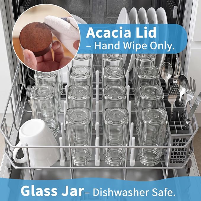 Glass Spice Containers for Kitchen: 14P 4oz Dishwasher Safe Jars | Durable Glass Jars for Cooking Enthusiasts- Airtight Acacia lid 500X Open-Close no Loose - Gift/Daily Use for Housewives