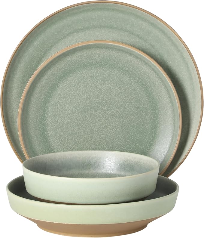 Gibson Elite Octavia Place 16 Piece Stoneware Dinnerware Set, Service for 4, Coupe Modern Plates & Bowls, Reactive Glaze Finish, Green, Microwave & Dishwasher Safe