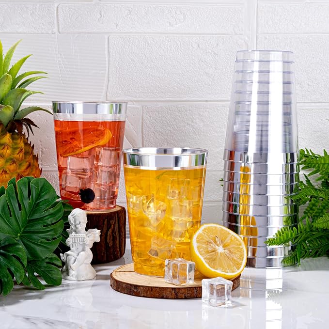 I00000 200 Pack 12 oz Silver Plastic Cups, Silver Rimmed Disposable Cups, Plastic Party Wine Glasses Cocktail Glasses Heavy Duty Cups with Silver Rim, 12 Ounce Tumblers For Party