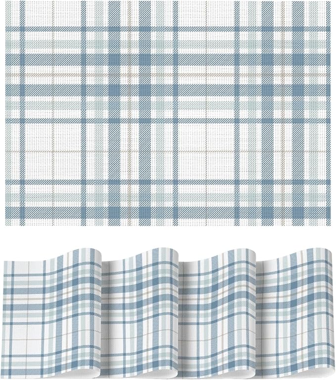 Artoid Mode Buffalo Plaid Vinyl Placemats Set of 4, 12x18 Inch Washable Non-Slip Heat Resistant Plastic Place Mats for Party Dining Table, White/Blue