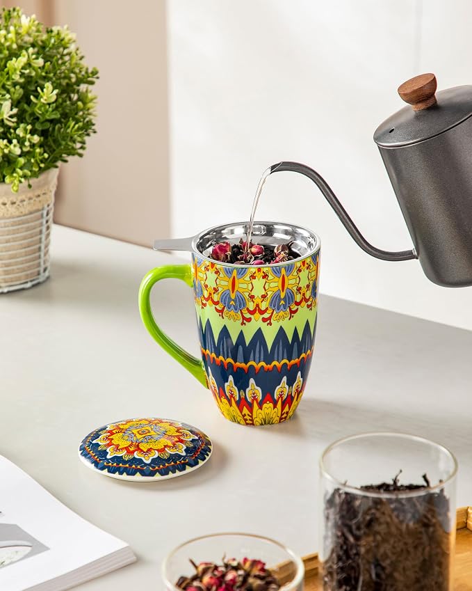 vancasso 18 Oz Tea Infuser Mug with Lid, Mint Petal Whirl | Eye-Catching Bohemian Pattern, Adds Charm to Any Tea Corner, Ceramic Mug with Infuser, Microwave and Dishwasher Safe