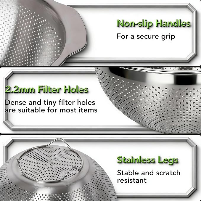 304 Stainless Steel Colander, 2.5 QT Capacity and 2.5 QT Mixing Bowl, Micropore Strainer for Washing Rice, Fruit, and Veggies, Perfect Draining for Cooked Pasta