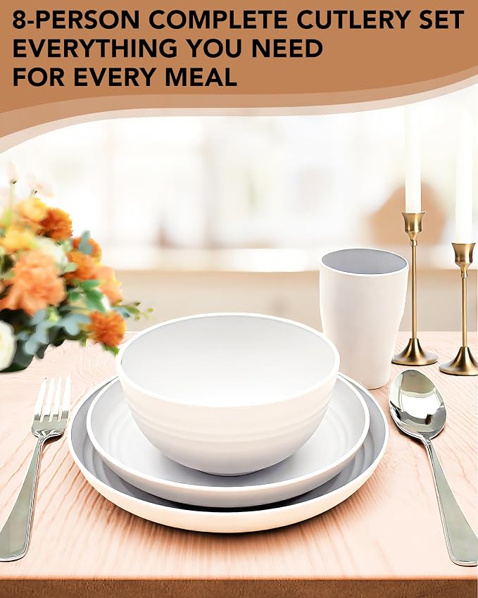 48 Piece Plates and Bowls Sets for 8- Unbreakable Wheat Straw Dinnerware Sets Includes Stainless Steel Forks for Picnic Camping Outdoor Kitchen and Apartment Dinning RV Essentials-White
