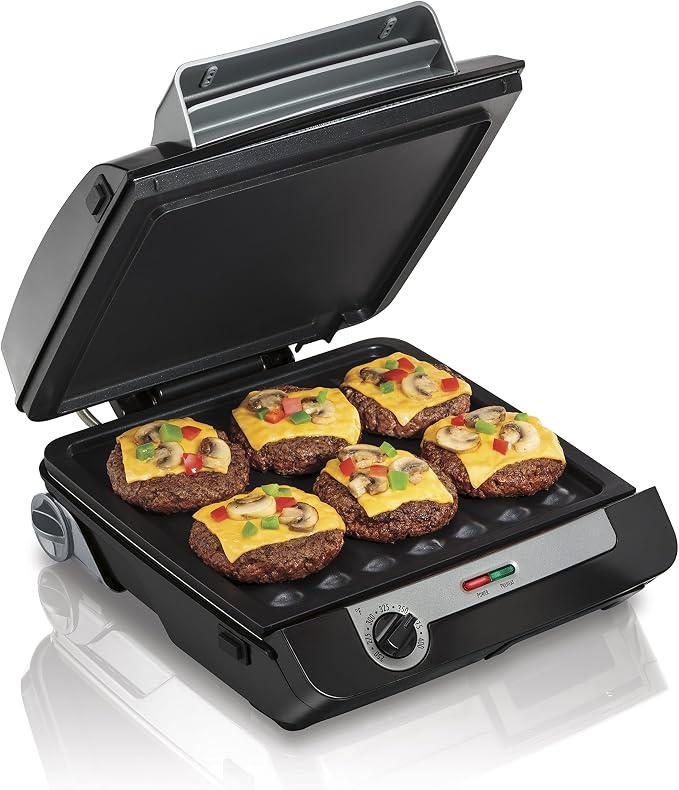 Hamilton Beach 4-in-1 Electric Indoor Grill & Electric Griddle Combo | 200 sq. in. PFAS-Free Non-Stick Cooking Surface Opens | Removable Interchangeable Grill & Griddle Plates | Black & Silver