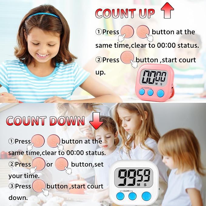 Timer for Kids Digital Kitchen Timers for Cooking- 12 Pack White Pink | Countdown Timer for Classroom Study Exercise Teacher Supplies, Strong Magnetic, Loud Alarm, Large Screen, Fast Reset, Memory