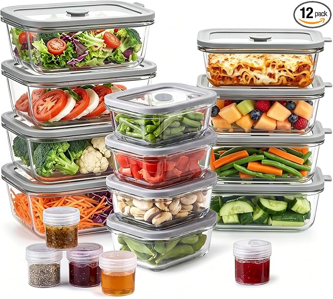 12 Pack Multi-Size Glass Food Storage Containers with Glass Lids | 4 × 33oz, 4 × 21oz, 4 × 13oz Glass Meal Prep Containers with 5 Small Sauce Jars for Microwave/Oven/Freezer/Dishwasher, Grey
