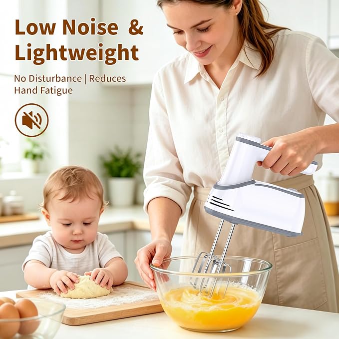 binROC Cordless Electric Hand Mixer, 12-Speed with Storage Case, White | Rechargeable, Eject Button, LED, Self-Stand, 6×304 Stainless Attachment, Overheat Protection, Quiet for Baking Dough Cake Egg
