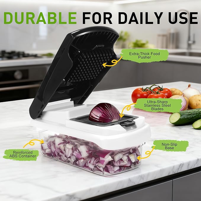 Stainless Steel Mandoline Slicer, Safe Veggie Dicer Kitchen Prep Tool | Multi stainless steel blades with safety guard, detachable structure for quick fruit and vegetable cleaning
