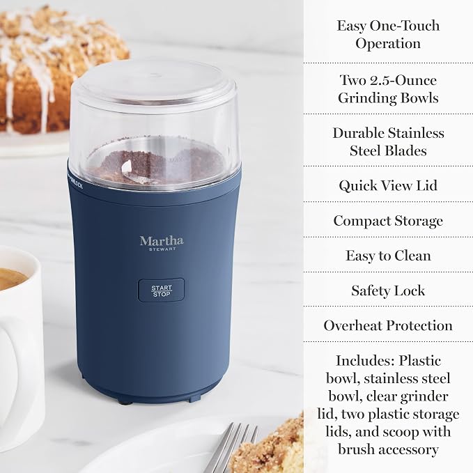 Martha Stewart Electric Coffee & Spice Grinder with Dual Bowls, Indigo Blue | Dual 2.5oz Removable Bowls for Coffee Beans, Nuts, Herbs & Spices, Stainless Steel Blade, One-Touch Pulse Control, Easy Clean