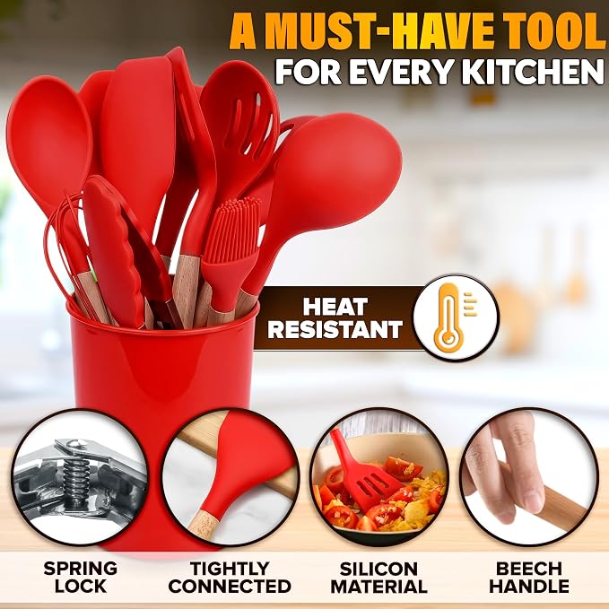 12 Pcs Red Kitchen Utensils Set with Holder – Versatile Silicone Utensils Set for Cooking and Baking, Gentle on Pots and Pans, Heat-Resistant, Stylish, Easy to Clean, Red Kitchen Accessories