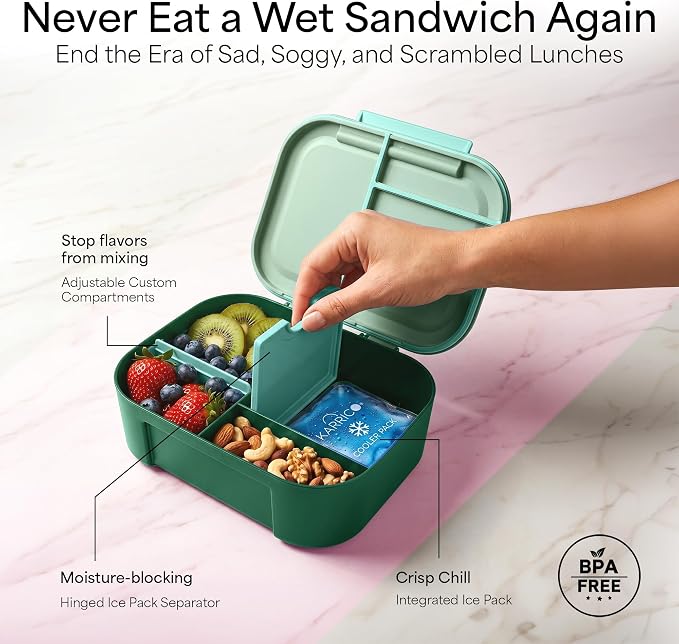 Leakproof Bento Lunch Box, 3-Compartment, Adjustable Divider, Green | 3-Compartment Design, Leakproof, Extra Large Capacity, Adjustable Divider, Includes Cooler Pack, Dishwasher Safe, Reusable