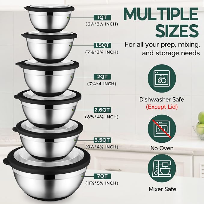 Onader Mixing Bowls with Lids Set of 6 for Kitchen, Stainless Steel Metal Nesting Bowls with Non-Slip Bottom Black - Size 1, 1.5, 2, 2.6, 3.5, 7QT