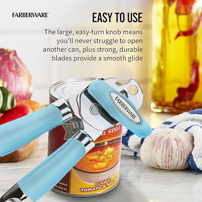 Farberware Pro2 Manual Can Opener with Built-In Bottle Opener, Ergonomic Handle, Sharp Durable Blades, Easy-Turn Knob, Aqua Sky, Kitchen Essential Tool