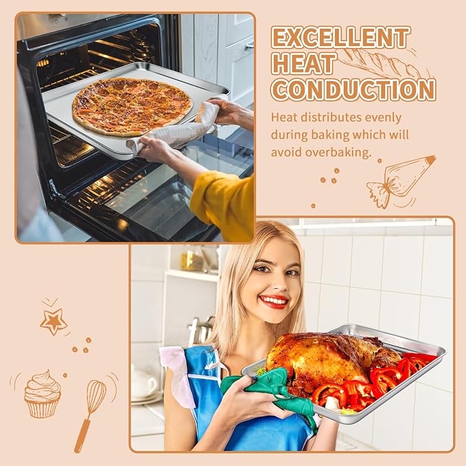 Stainless Steel Baking Sheet Set of 2, Deedro Cookie Sheet Metal Baking Pan Oven Tray, Non Toxic & Heavy Duty, Rust Free & Mirror Finish, Easy Clean & Dishwasher Safe, 16 x 12 x 1 Inch