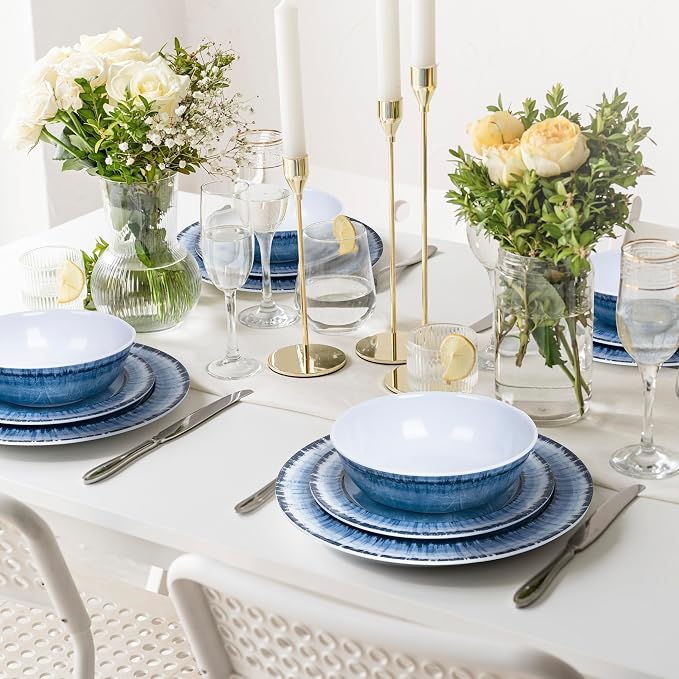 Melamine Dinnerware Set of 12 Pcs Dinner Dishes Set for Indoor and Outdoor Use, Dishwasher Safe, Lightweight Unbreakable, Navy Blue
