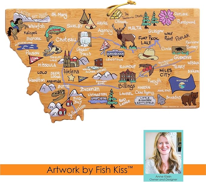 Totally Bamboo Montana State Shaped Cutting Board, Art by Fish Kiss | State charcuterie board with colorful hand-drawn map artwork. Smooth reverse side for food prep. Hang tie for wall display.