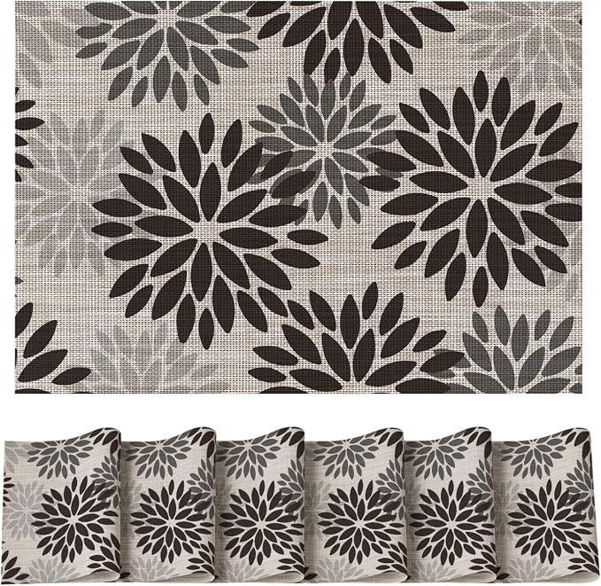 Artoid Mode Floral Vinyl Placemats Set of 6, Heat Resistant Washable Non-Slip Plastic PVC Halloween Place Mats for Party Kitchen Dining Decor, Black