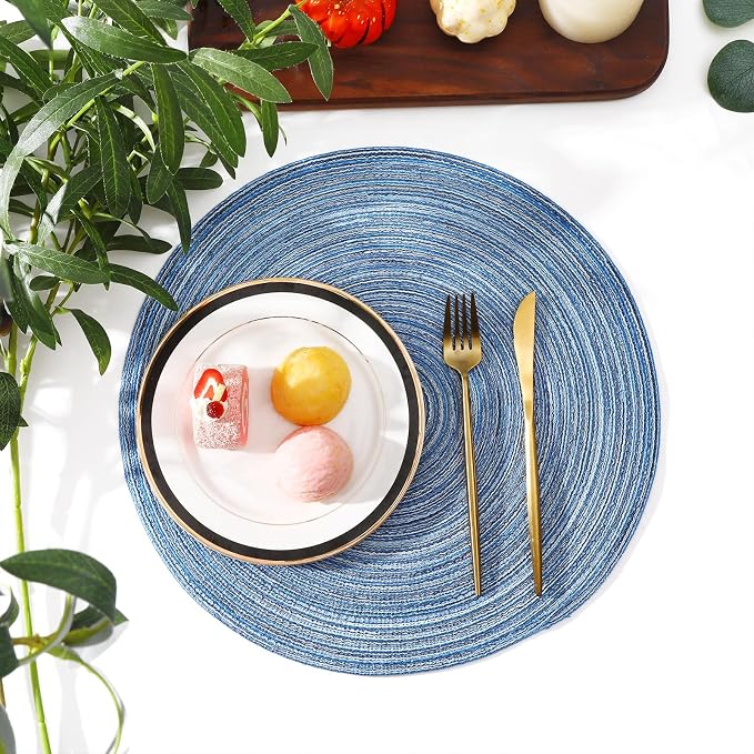 SHACOS Round Braided Placemats Set of 12 Circle Place Mats Cotton Polyester Kitchen Table Mats for Dining Table Wedding Party Decor (Blue Gray, 12)