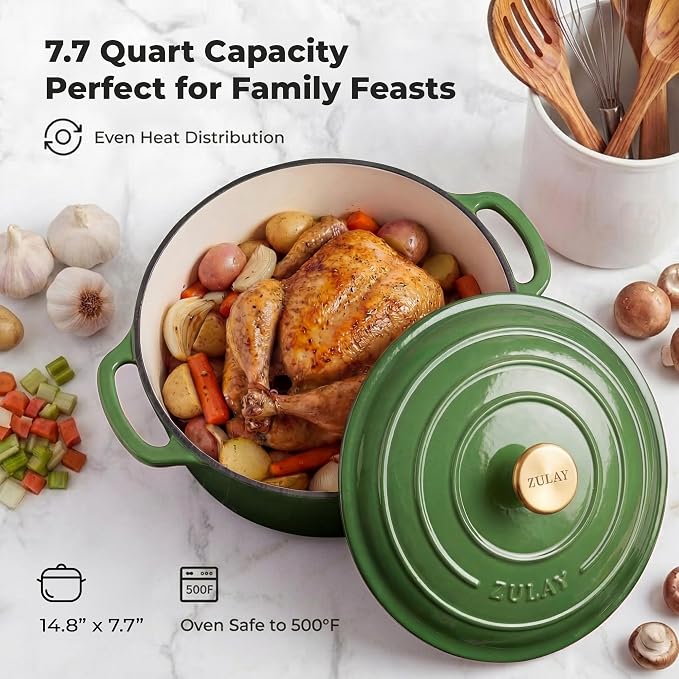 Zulay Kitchen 7.7 Quart Enameled Cast Iron Dutch Oven Pot with Lid – Premium Durability & Oven Safe up to 500°F – Heavy Duty Cookware Perfect for Bread Baking, Stews, Braising & Roasting – Green